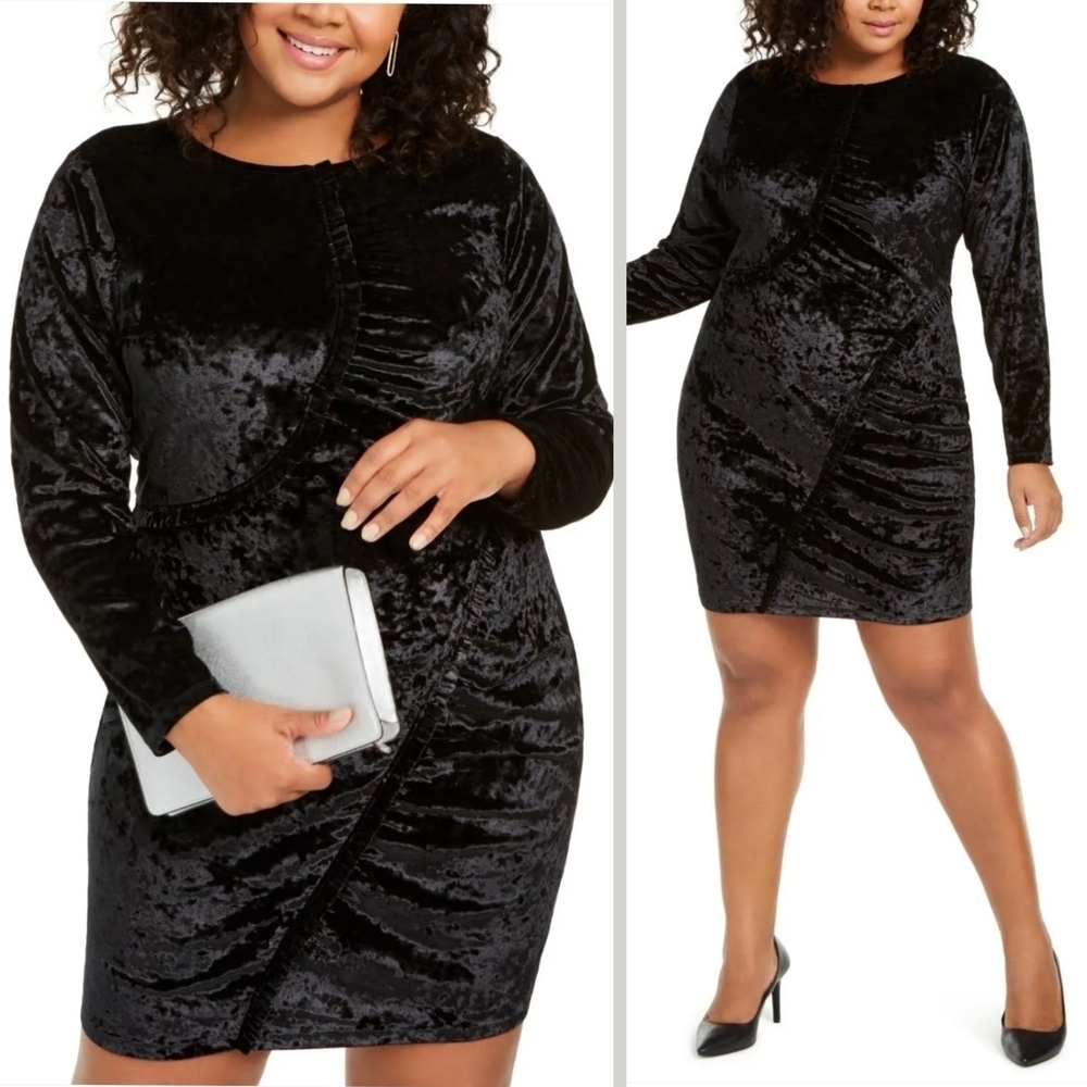 MICHAEL Michael Kors Crushed Black Velvet Bodycon Long Sleeve Dress, Ruffles, XL